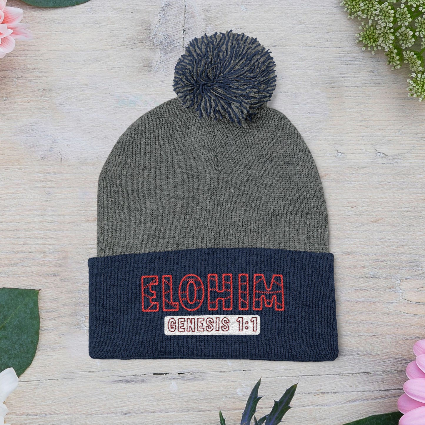 Red Pom-Pom Knit Cap with 'ELOHIM, GENESIS 1:1'  Embroidery Beanie - Stylish Winter Accessory for All Ages, Perfect Gift for Birthdays, Holidays, and Outdoor Activities