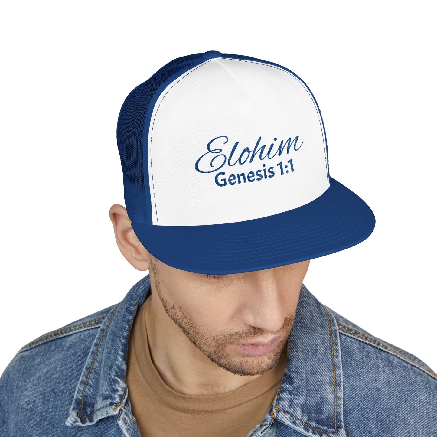 Navy 'ELOHIM, GENESIS 1:1'  Embroidered 5 Panel Trucker Cap | Casual Style Hat, Adjustable, Unisex, Perfect Gift for Outdoors, Festivals, Daily Wear