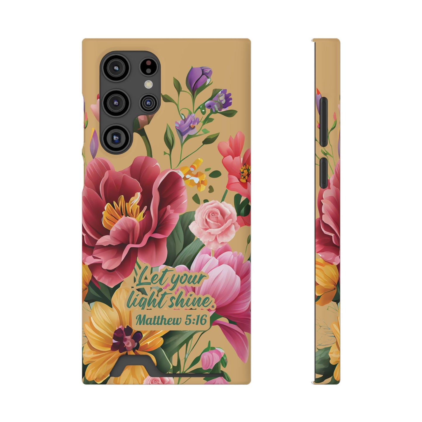 Floral Bible Verse Phone Case with Card Holder — "Let Your Light Shine" (Matthew 5:16)