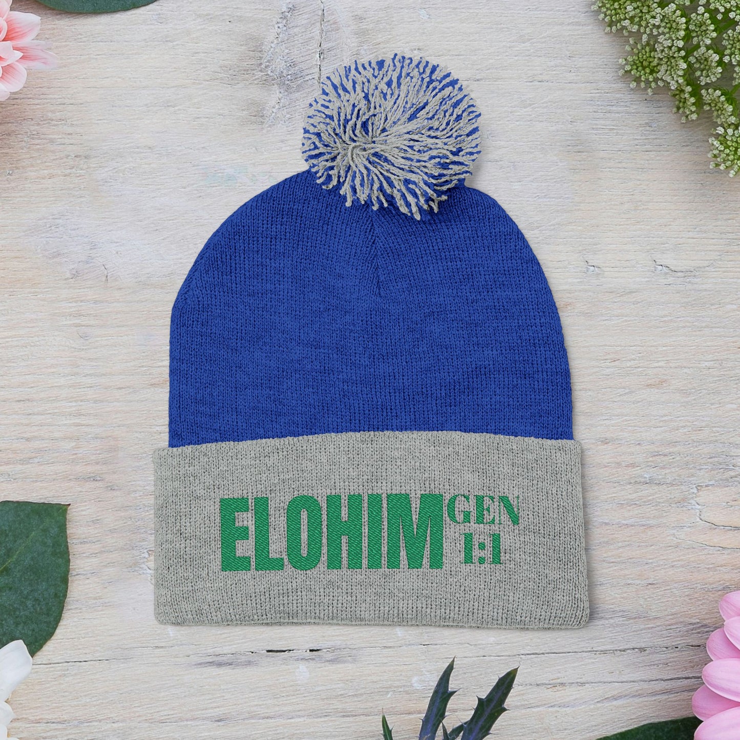 Pom-Pom Knit Cap with 'ELOHIM, GENESIS 1:1'  Embroidery Beanie - Stylish Winter Accessory for All Ages, Perfect Gift for Birthdays, Holidays, and Outdoor Activities