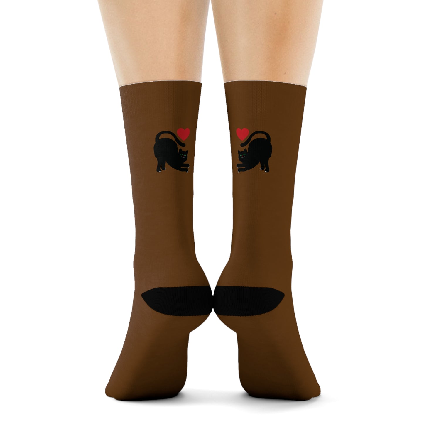 Black Cat and Heart Crew Socks - Soft & Elastic Polyester/Spandex Blend - One Size Fits All