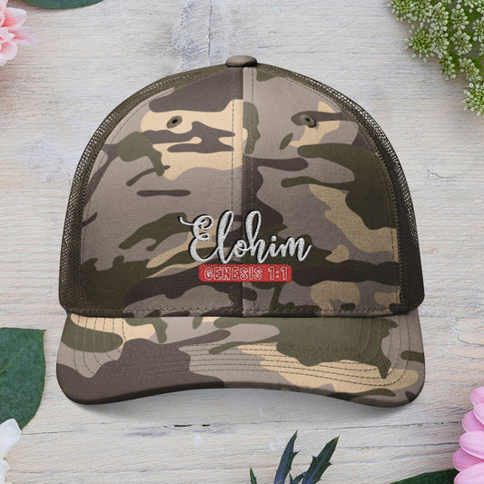 Camouflage Embroidered Trucker Hat with 'ELOHIM, GENESIS 1:1', Casual Style Hat, Adjustable, Unisex, Perfect Gift for Outdoors, Festivals, Daily Wear.