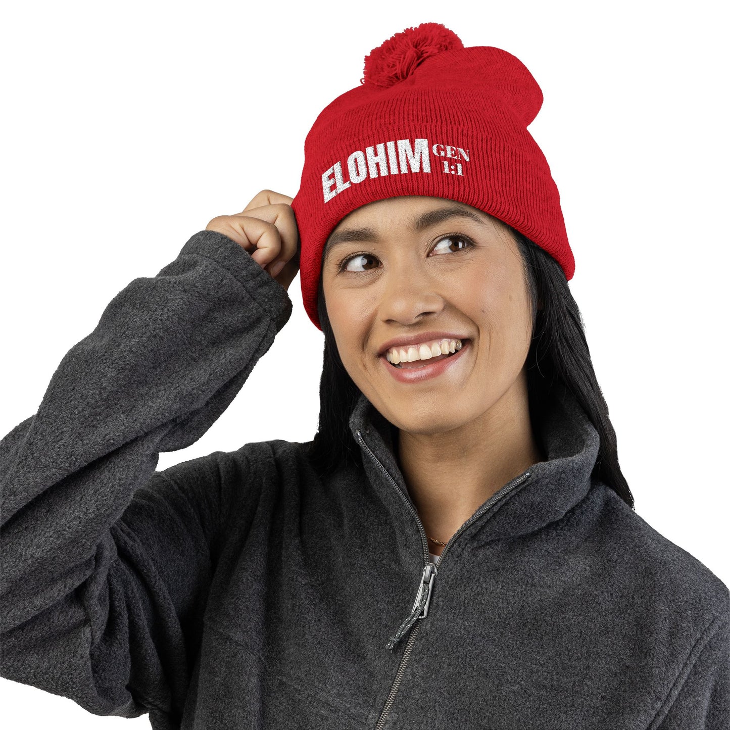 Pom-Pom Knit Cap with 'ELOHIM, GENESIS 1:1'  Embroidery Beanie - Stylish Winter Accessory for All Ages, Perfect Gift for Birthdays, Holidays, and Outdoor Activities