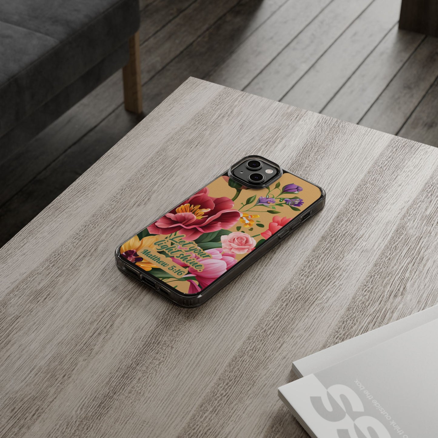 Clear Floral Bible Verse Phone Case — "Let Your Light Shine" (Matthew 5:16) for iPhone and Samsung Cases.