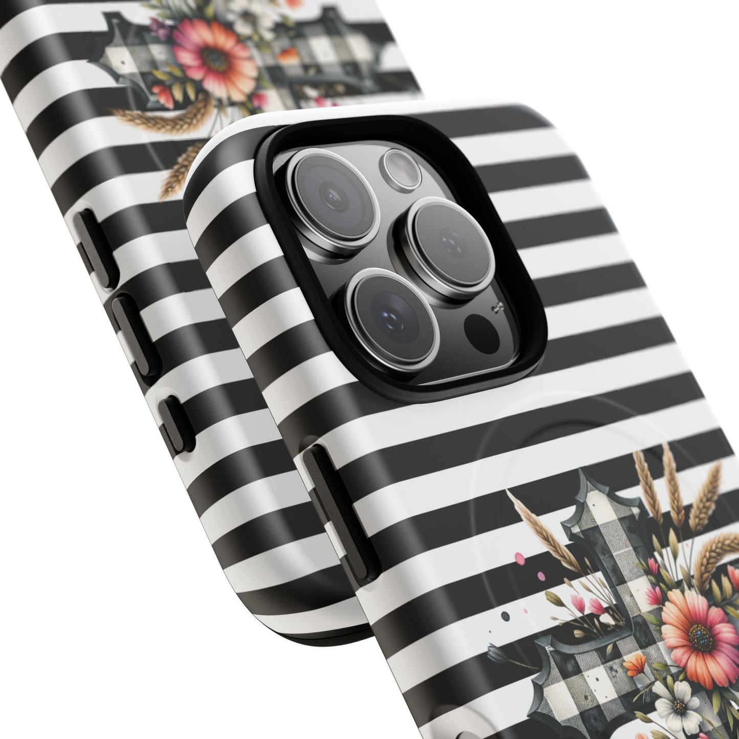 Grace in Bloom Tough Magnetic iPhone Case with Floral Cross Design, Boho iPhone Cover, Striped iPhone Case, Unique Religious Gift, Trendy Cell iPhone Accessory.