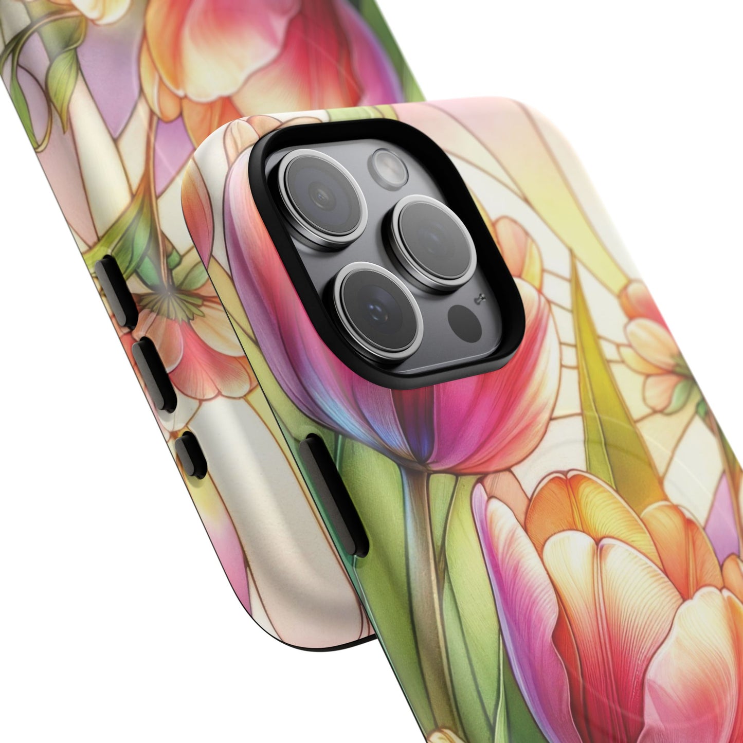 Tulip Glow Tough iPhone Magnetic Case, Floral Design, Spring Gift, Durable Protection, Smartphone Accessories, MagSafe Accessories, Stained Glass Tulip Gift