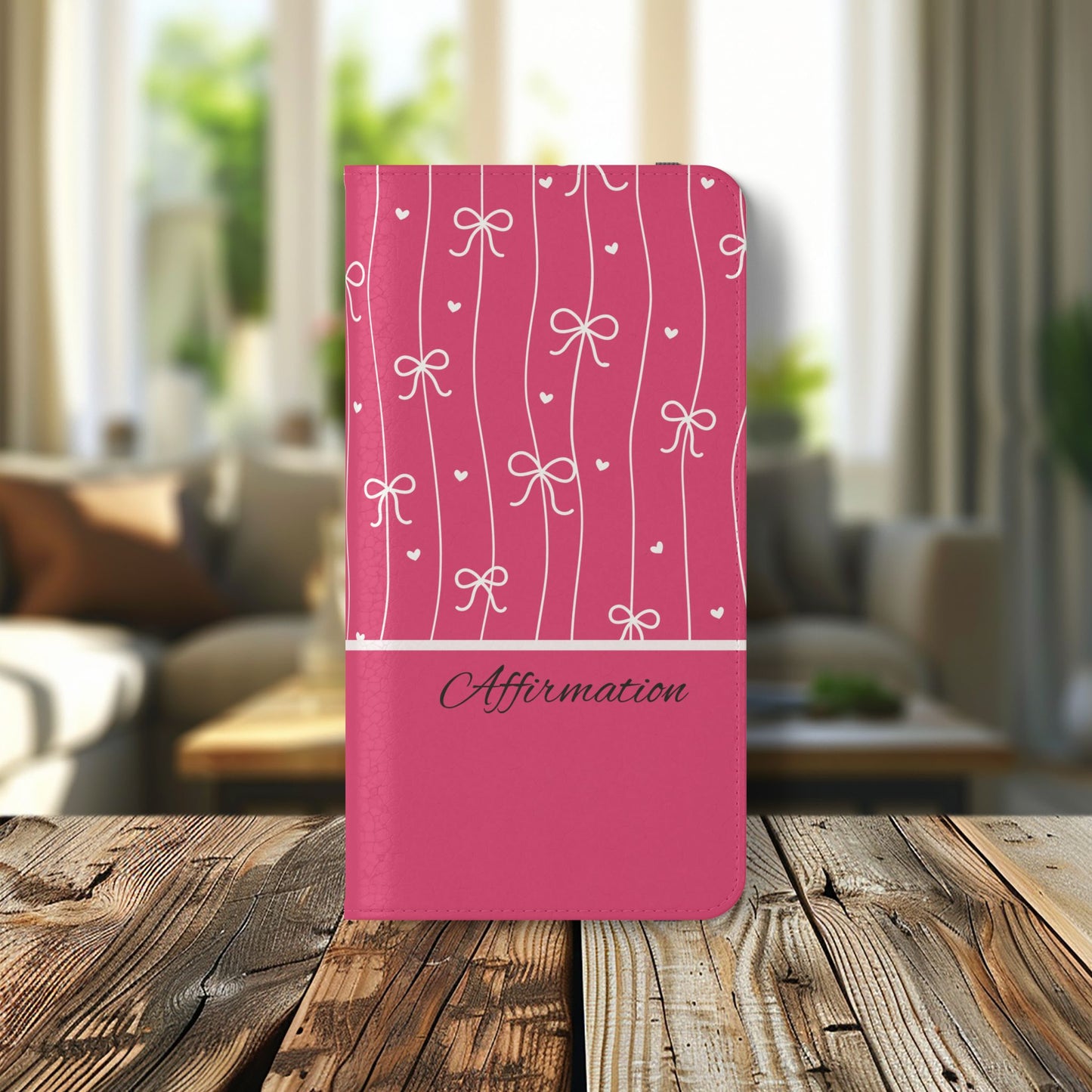 Personalized Pink Bow Coquette Flip iPhone and Samsumg Case — Custom Name or Affirmation Wallet Cover