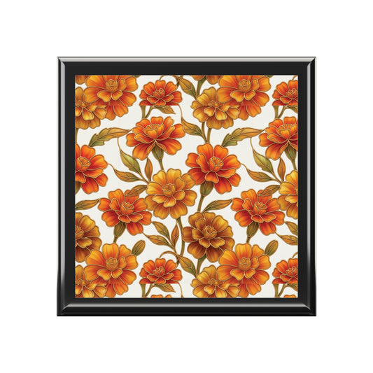 Stained Glass Marigold Floral Jewelry Box —  Keepsake Box