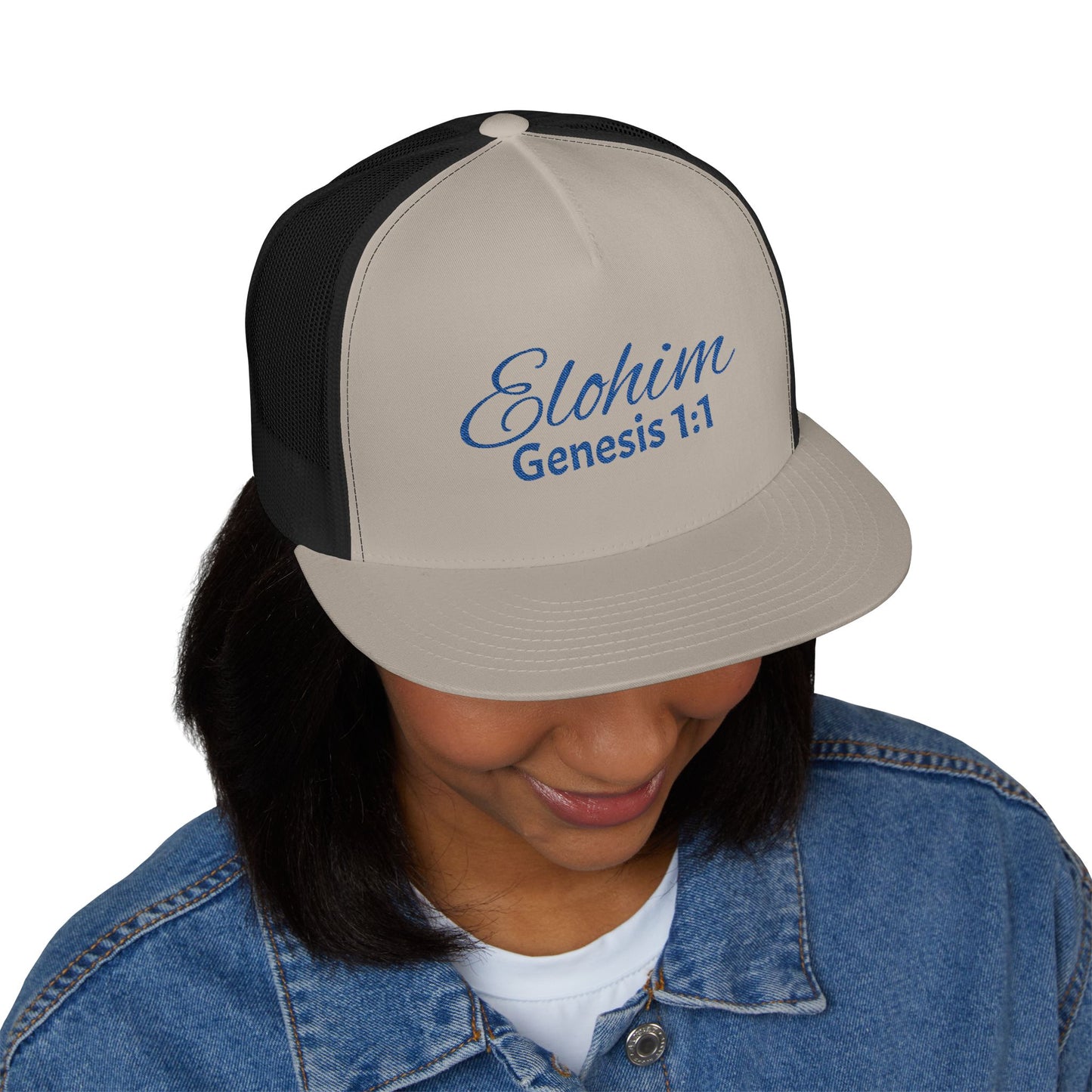 Navy 'ELOHIM, GENESIS 1:1'  Embroidered 5 Panel Trucker Cap | Casual Style Hat, Adjustable, Unisex, Perfect Gift for Outdoors, Festivals, Daily Wear