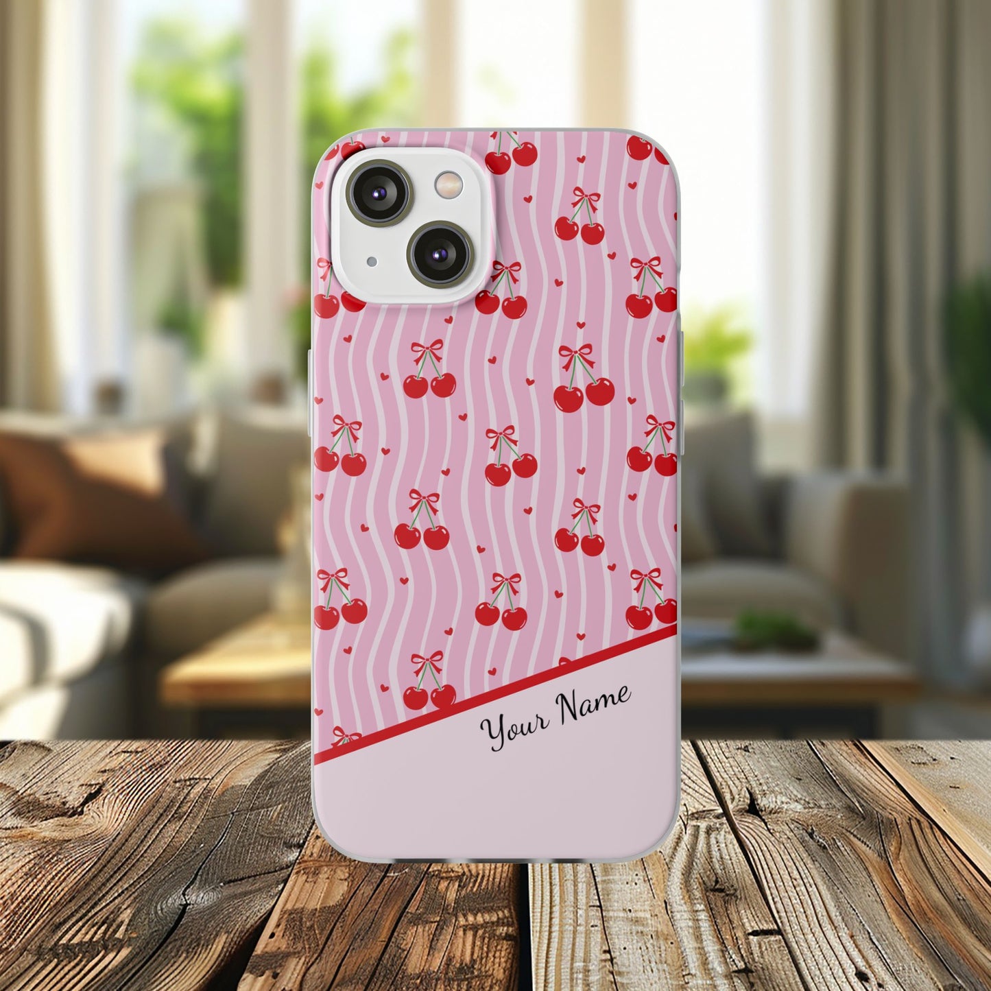 Personalized Cherry Blossom Dreams Flexi Case — Pink Retro Cherry iPhone® 7/8, 11, 12, 13, 14, 15, 16, 17, X/XS, SE, XR, Mini, Pro, Pro Max, Plus Cases.