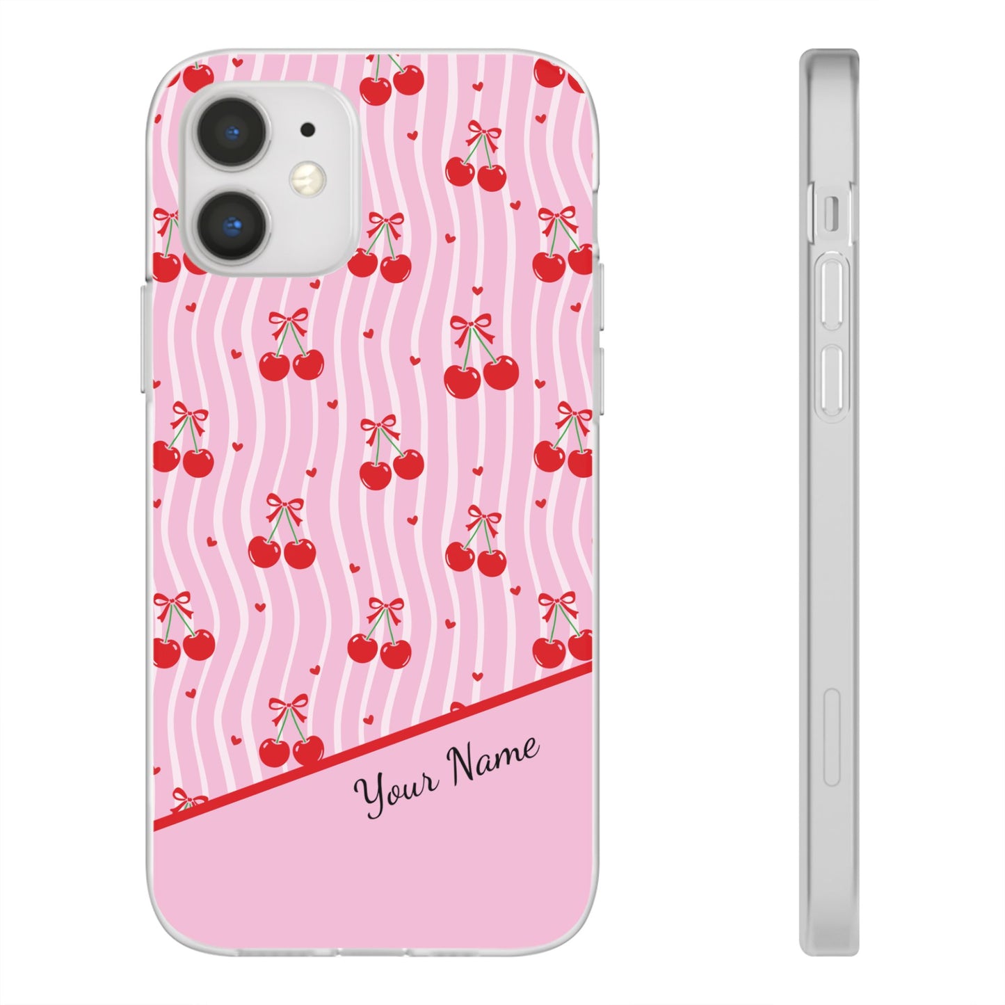 Personalized Cherry Blossom Dreams Flexi Case — Pink Retro Cherry iPhone® 7/8, 11, 12, 13, 14, 15, 16, 17, X/XS, SE, XR, Mini, Pro, Pro Max, Plus Cases.