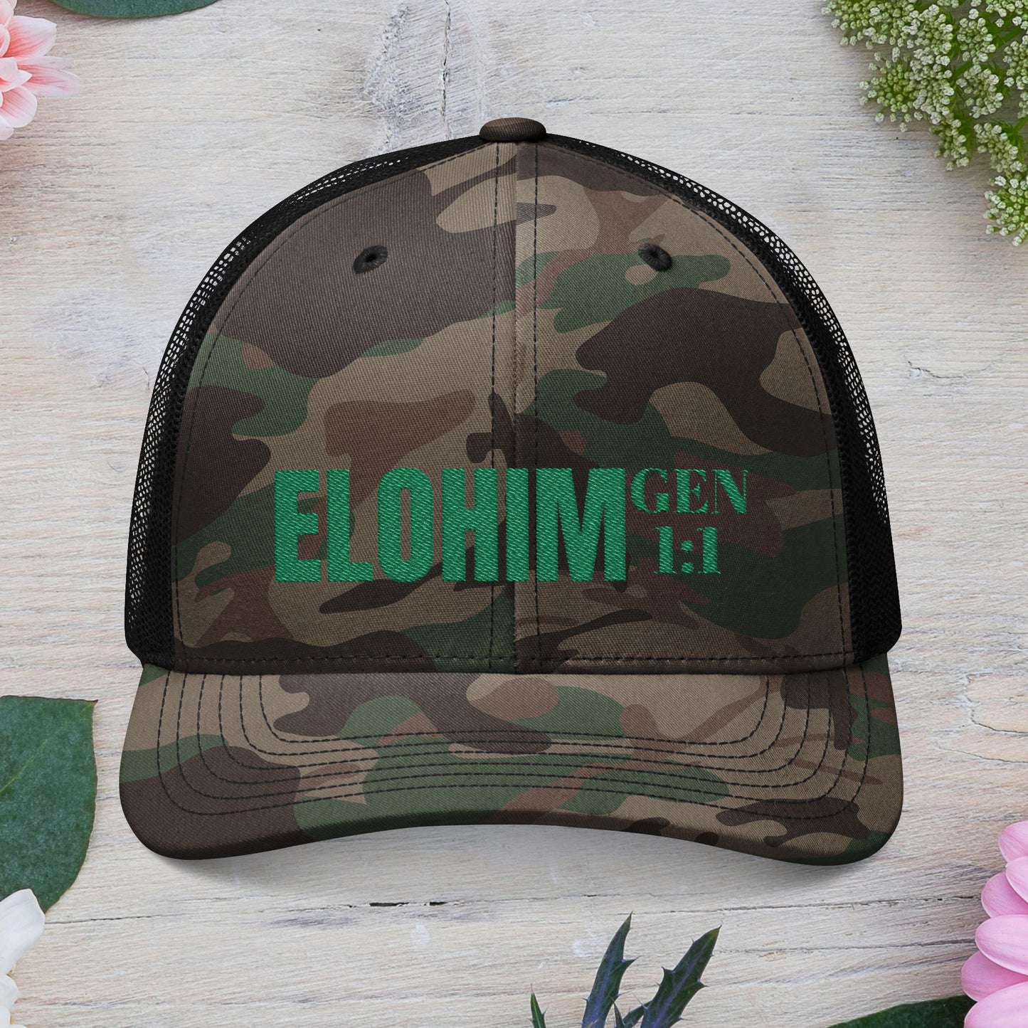 Green Camouflage Embroidered Trucker Hat with 'ELOHIM, GENESIS 1:1', Casual Style Hat, Adjustable, Unisex, Perfect Gift for Outdoors, Festivals, Daily Wear.