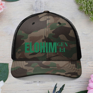 Green Camouflage Embroidered Trucker Hat with 'ELOHIM, GENESIS 1:1', Casual Style Hat, Adjustable, Unisex, Perfect Gift for Outdoors, Festivals, Daily Wear.