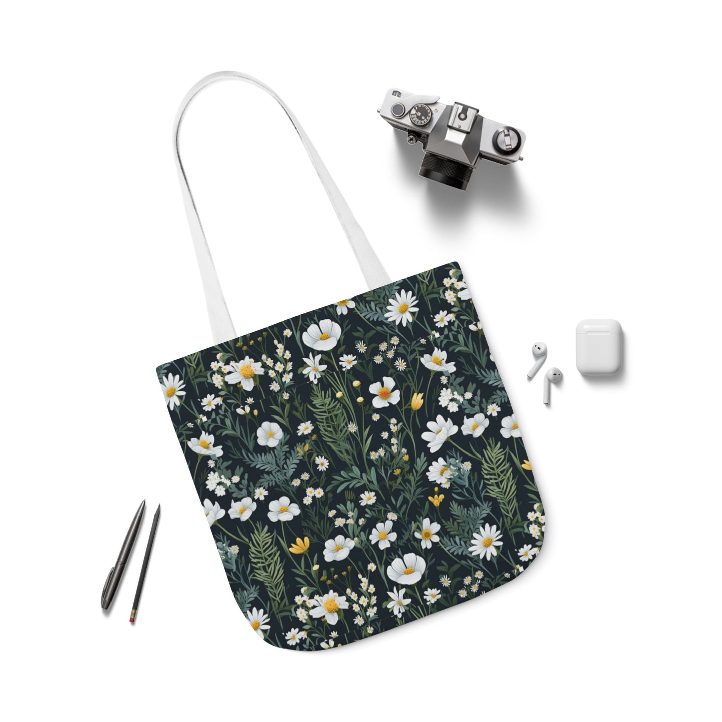 Daisy Delight Floral Canvas Tote Bag with 5-Color Straps | Eco-Friendly Shopping Bag