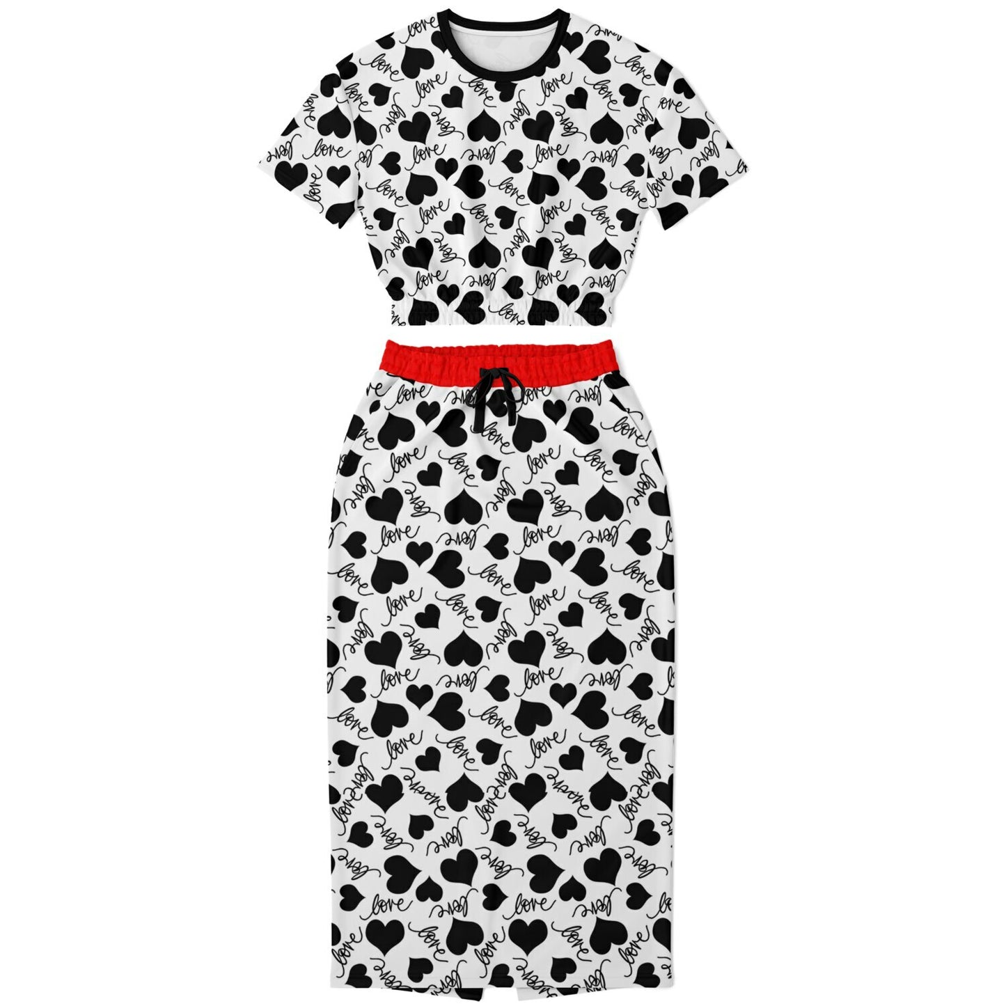 LOVE & HEARTS Fashion Cropped Short Sleeve Sweatshirt and Long Pocket Skirt Set – AOP