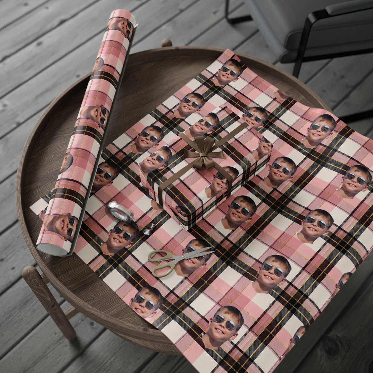 Personalized Image Plaid Wrapping Paper Roll — Pink Tartan Gift Wrap