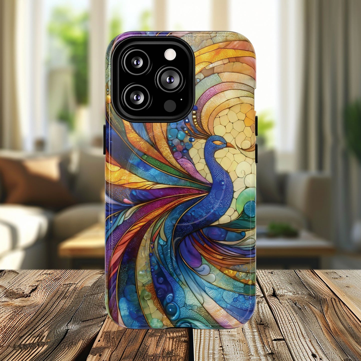 Mosaic Peacock Feathers Magnetic Phone Case, Tough Phone Shell, Vibrant Art Case, Gift for Her, Unique Phone Accessory, Wildlife Lover's Gift, Stained Glass Case.