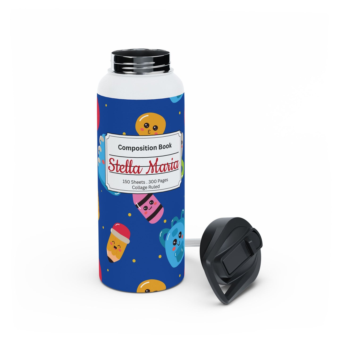 Personalized Blue Kawaii Composition Book Inspired Stainless Steel Water Bottle for Kids, School Supplies, Eco-Friendly Drinkware, Back to School, Teacher Gifts