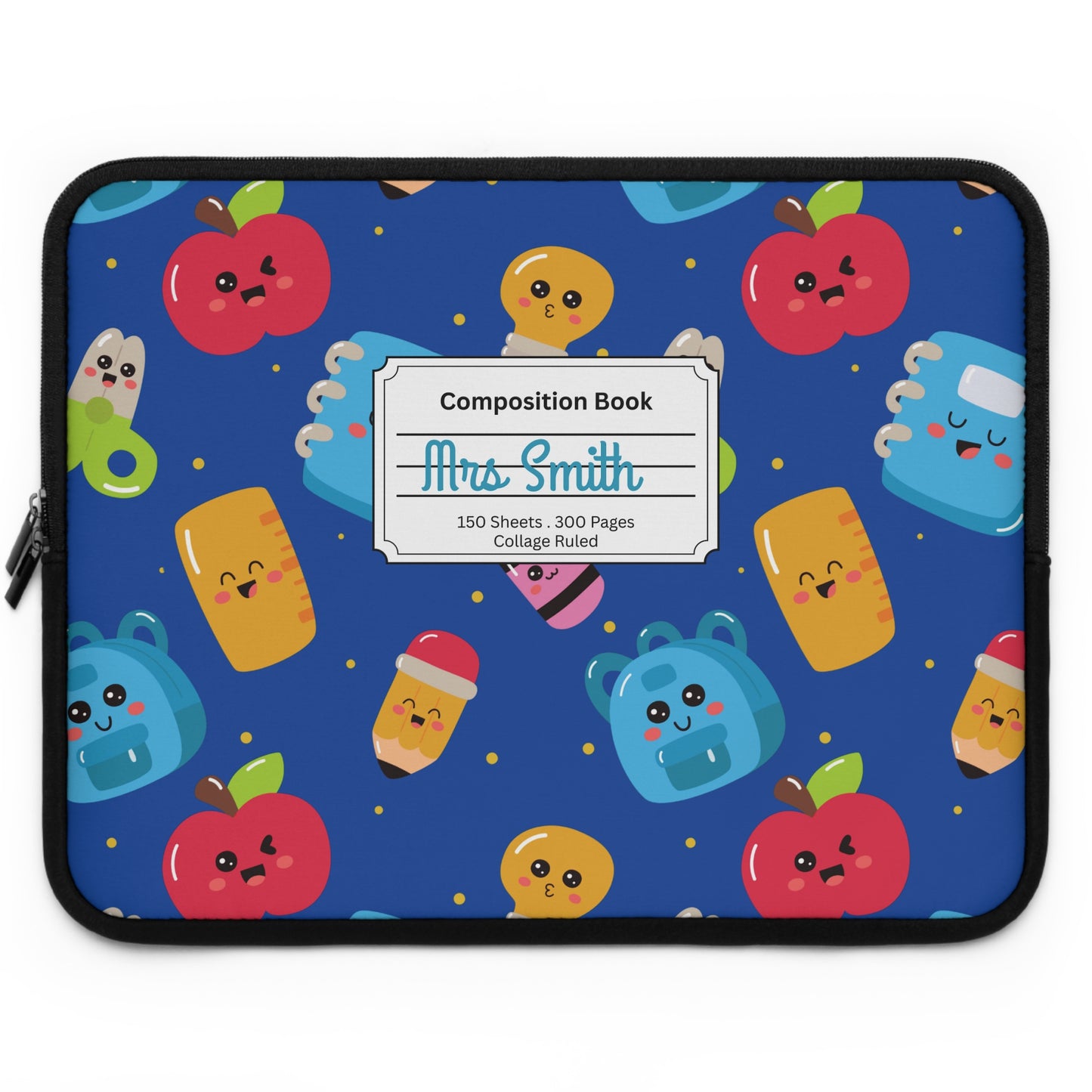 Personalized Blue Kawaii Laptop Sleeve with Composition Book Inspired Design, Customizable Tech Case, School Supplies, Gift for Students, College Essentials, Back to School