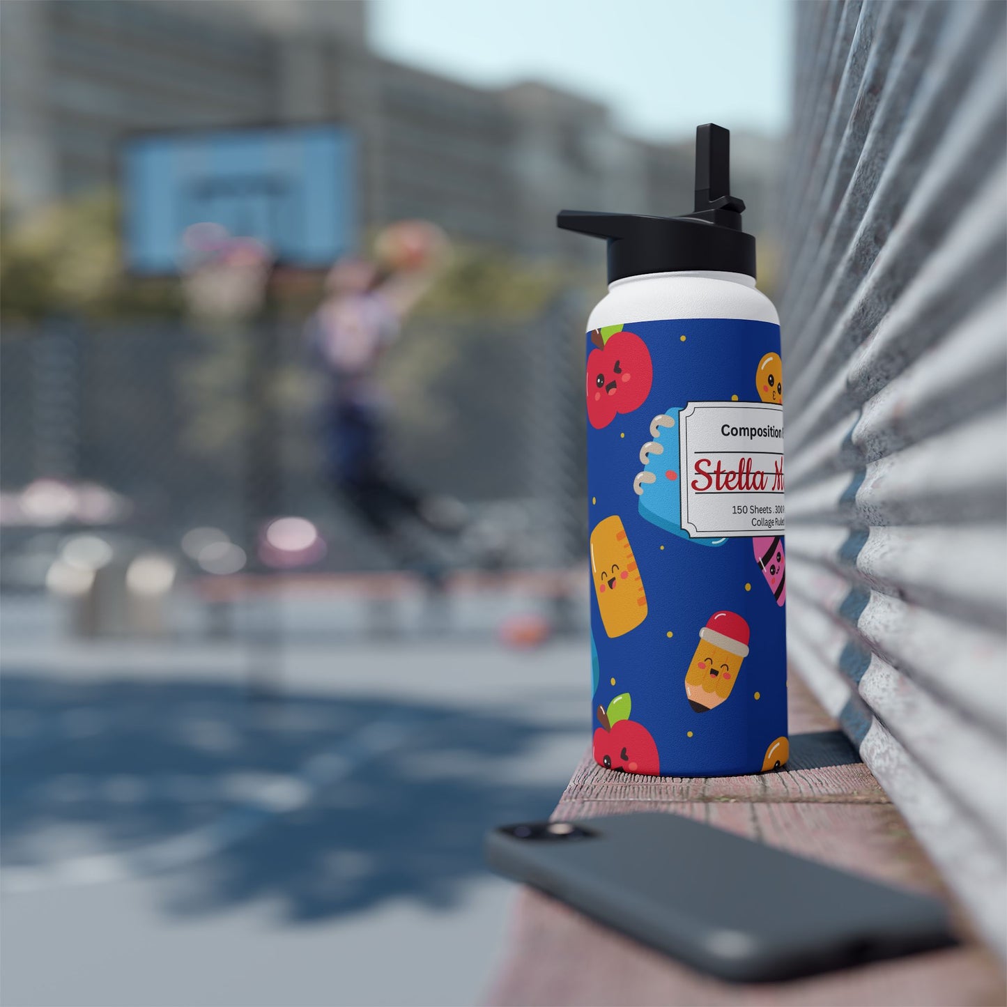 Personalized Blue Kawaii Composition Book Inspired Stainless Steel Water Bottle for Kids, School Supplies, Eco-Friendly Drinkware, Back to School, Teacher Gifts