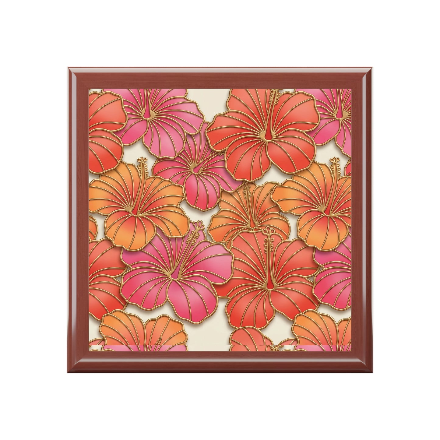Hibiscus Floral Jewelry Box – Tropical Orange & Pink Keepsake Box