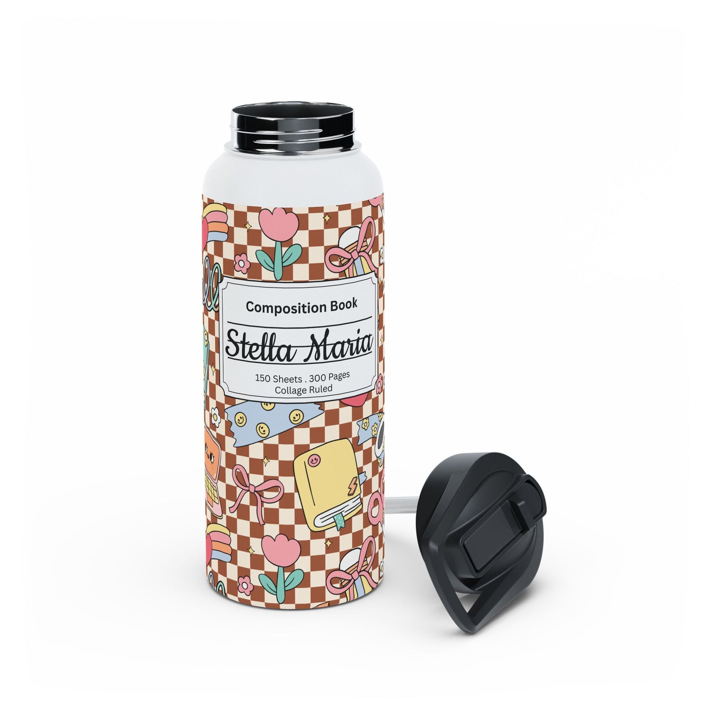 Personalized Brown Doodle Daydream Composition Book Inspired Stainless Steel Water Bottle for Kids, School Supplies, Eco-Friendly Drinkware, Back to School, Teacher Gifts