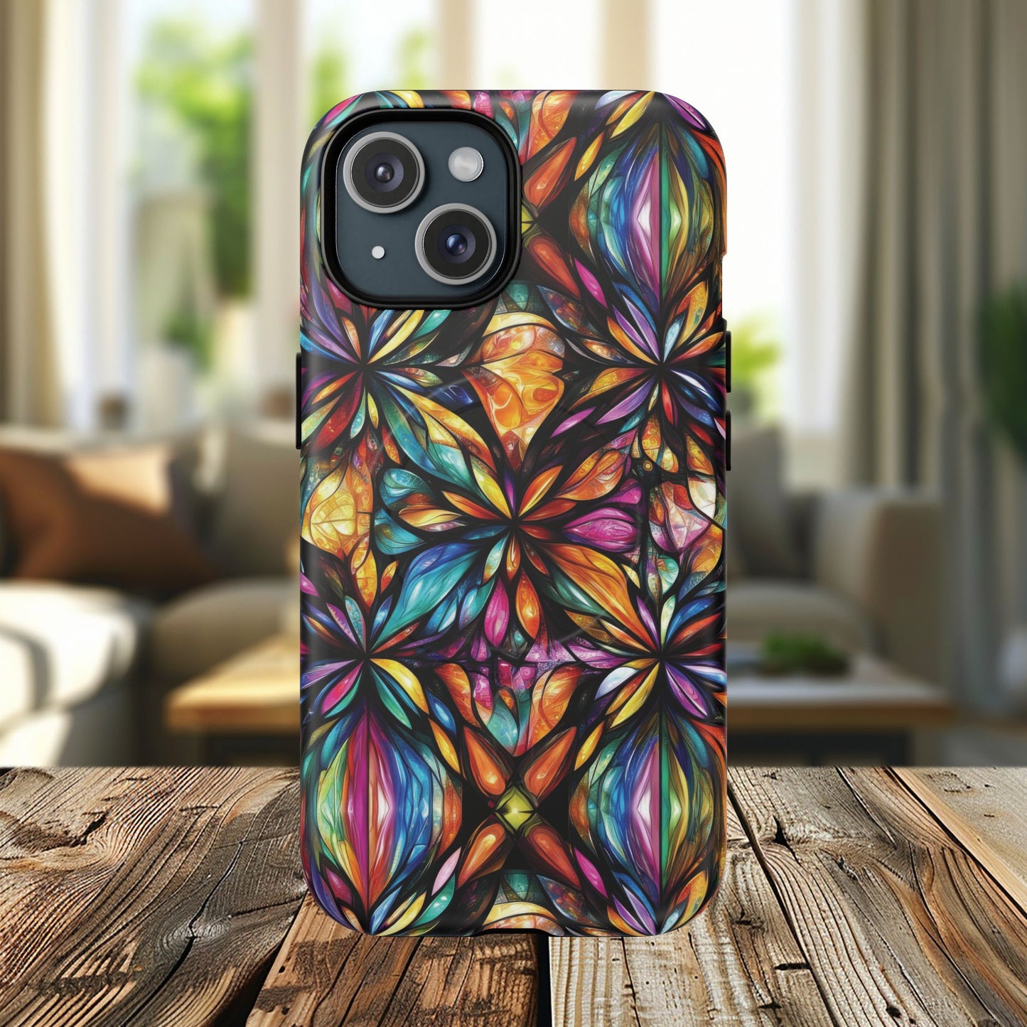 Luminous Whirl Tough Magnetic iPhone Cases, Vibrant Protection, Unique Floral Print, Durable Cover, Gift for Tech Lovers, iPhone Accessory, Stained Glass iPhone Design.