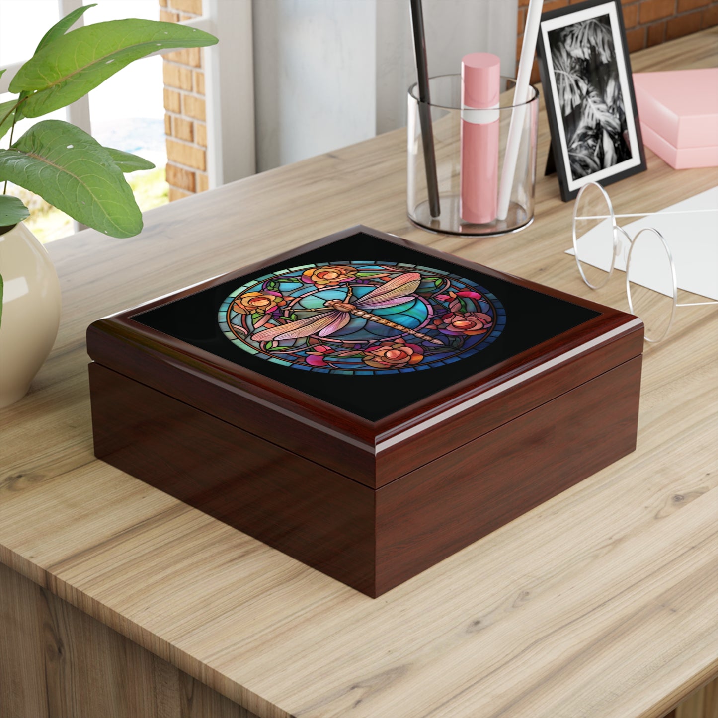Dragonfly Stained Glass Jewelry Box — Floral Keepsake Trinket Box