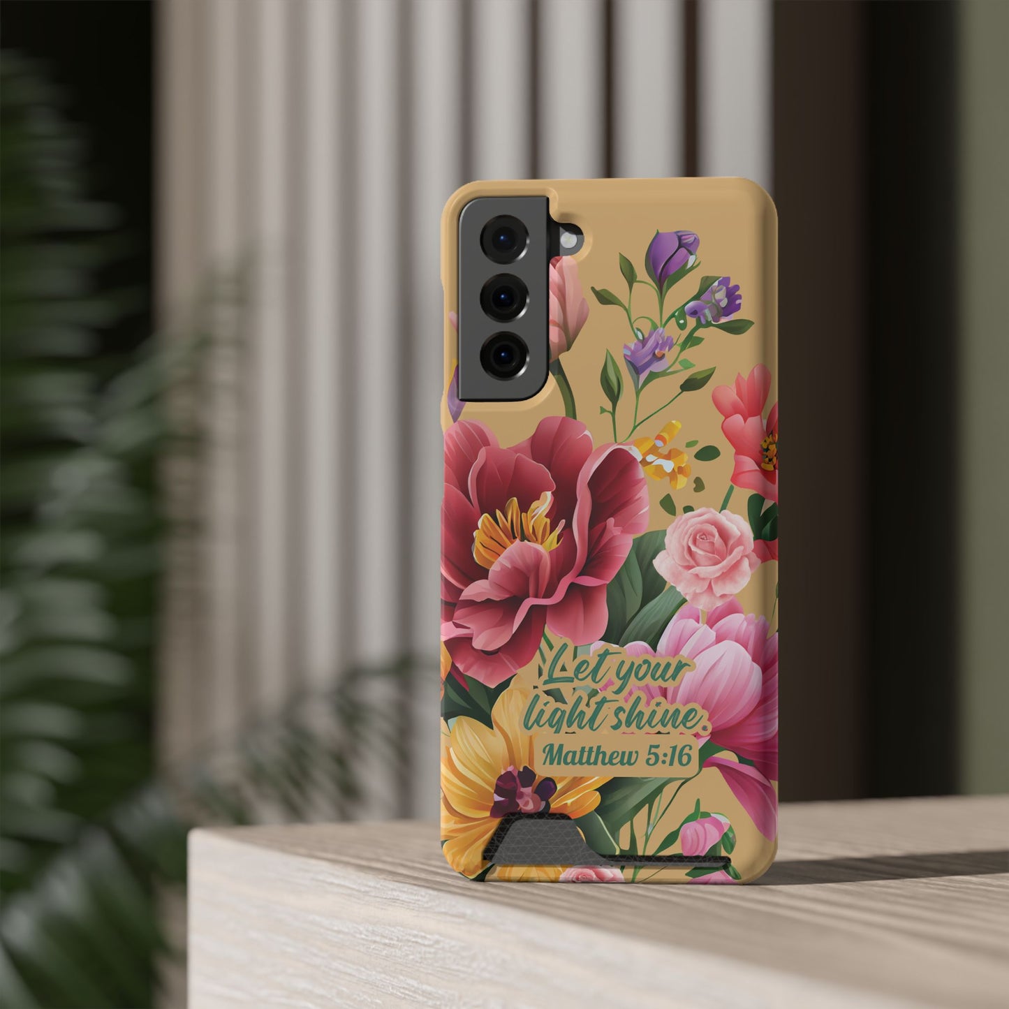 Floral Bible Verse Phone Case with Card Holder — "Let Your Light Shine" (Matthew 5:16)