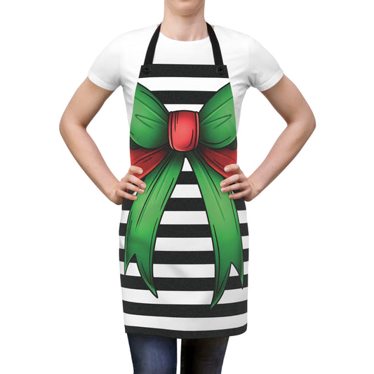 Striped Green Bow Apron with Detachable Straps - Lightweight Cooking Accessory