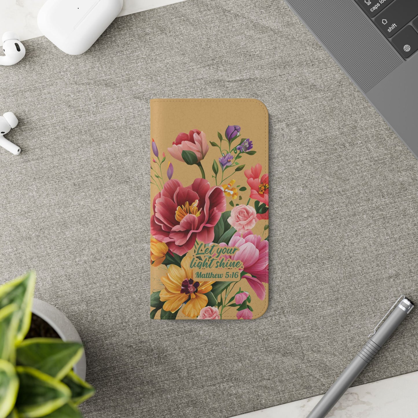 Floral Scripture Flip Case — "Let Your Light Shine" Wallet Phone Cover (Matthew 5:16)