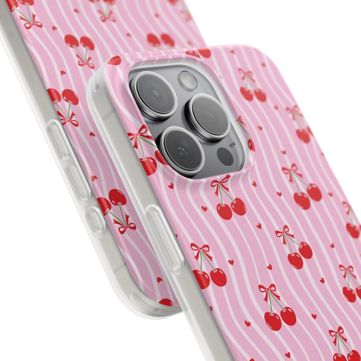 Personalized Cherry Blossom Dreams Flexi Case — Pink Retro Cherry iPhone® 7/8, 11, 12, 13, 14, 15, 16, 17, X/XS, SE, XR, Mini, Pro, Pro Max, Plus Cases.