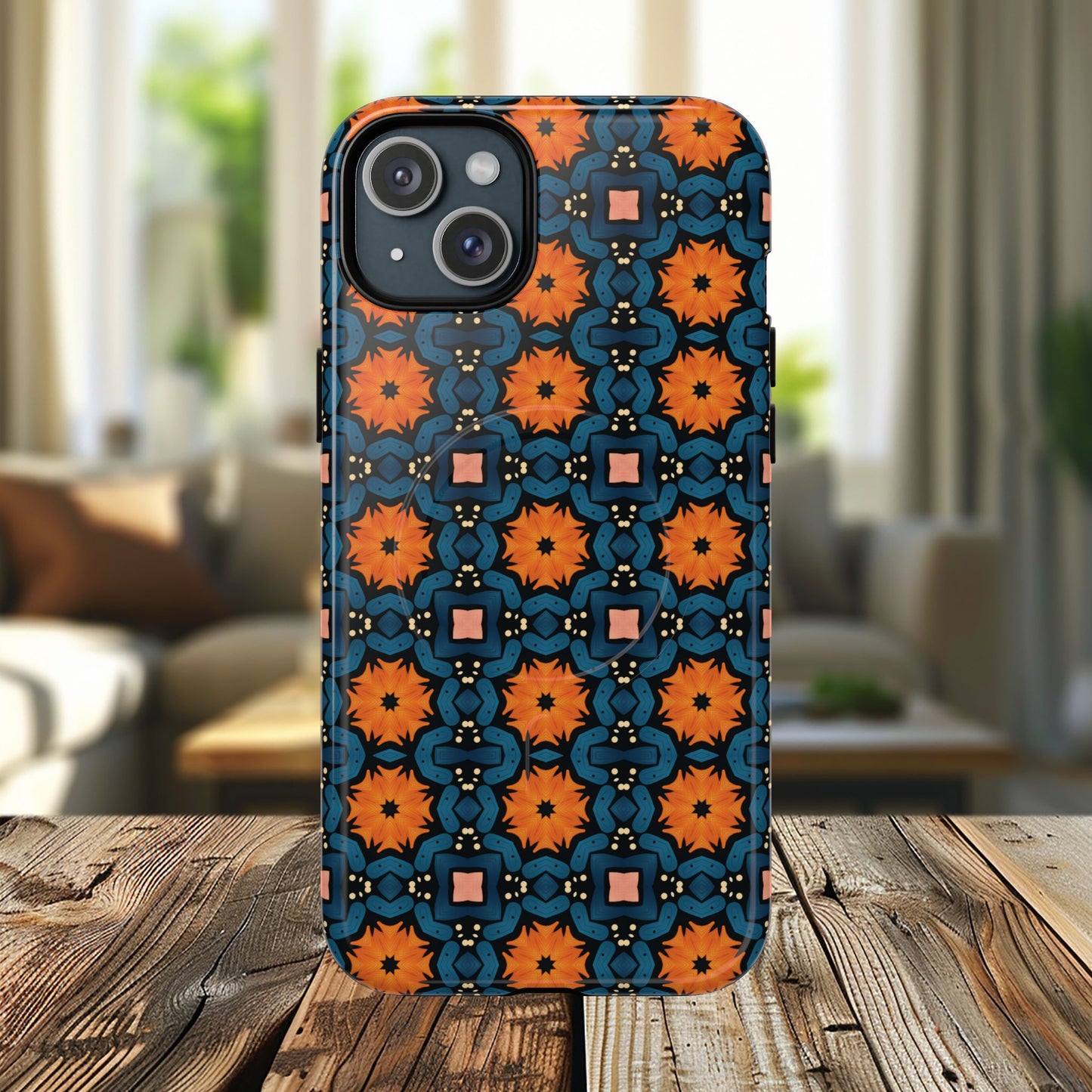 Saffron Tile Bloom Vibrant Floral Tough Magnetic iPhone Case, Durable iPhone Cover, Gift for Her, Floral Design, Unique iPhone Protection.