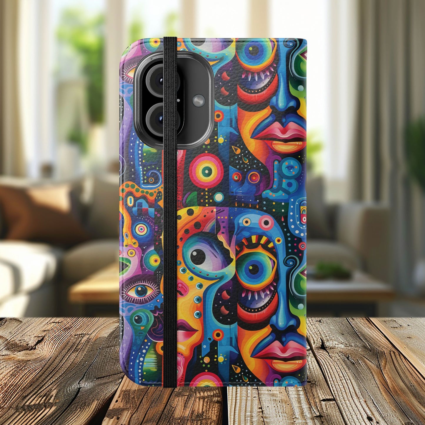 Psychedelic Visions Vibrant Art Flip iPhone and Samsung Phone Case - Colorful Faces Design for Phone Protection