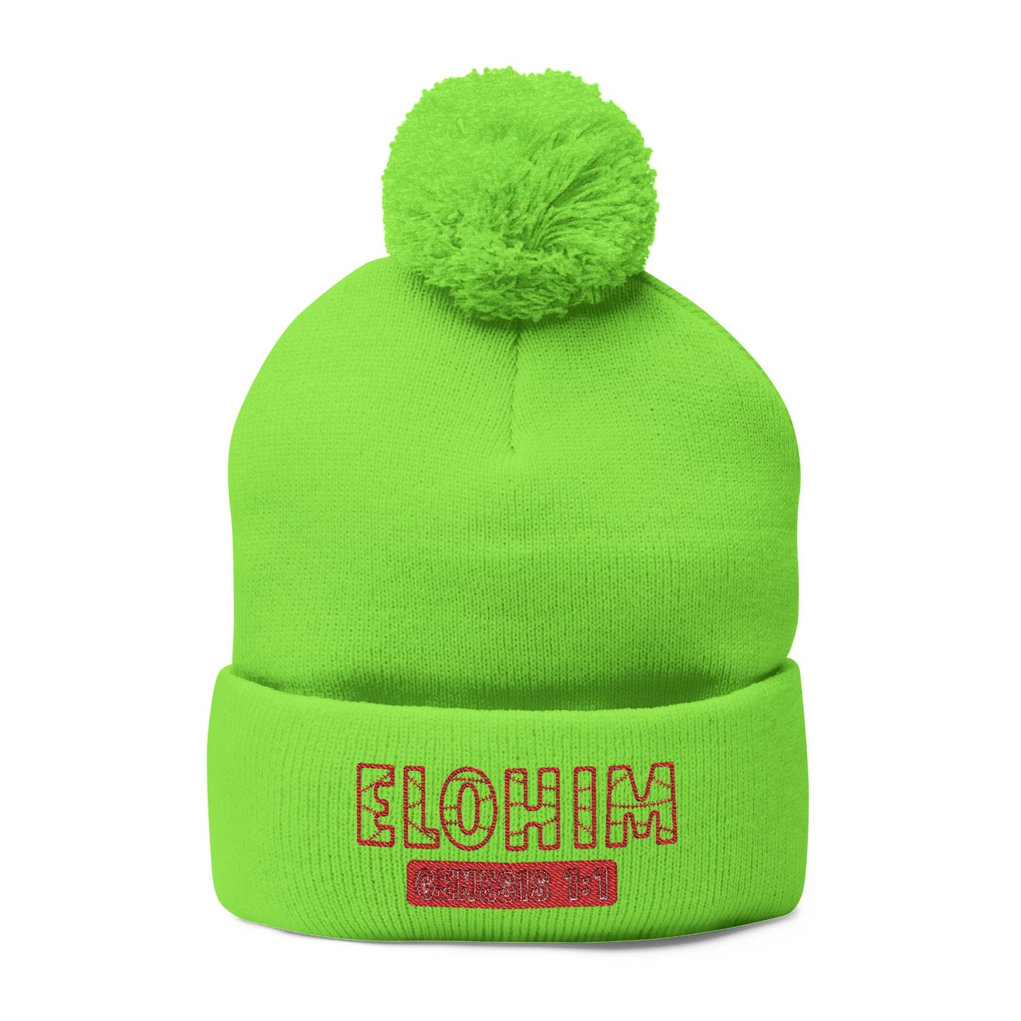Red Pom-Pom Knit Cap with 'ELOHIM, GENESIS 1:1'  Embroidery Beanie - Stylish Winter Accessory for All Ages, Perfect Gift for Birthdays, Holidays, and Outdoor Activities