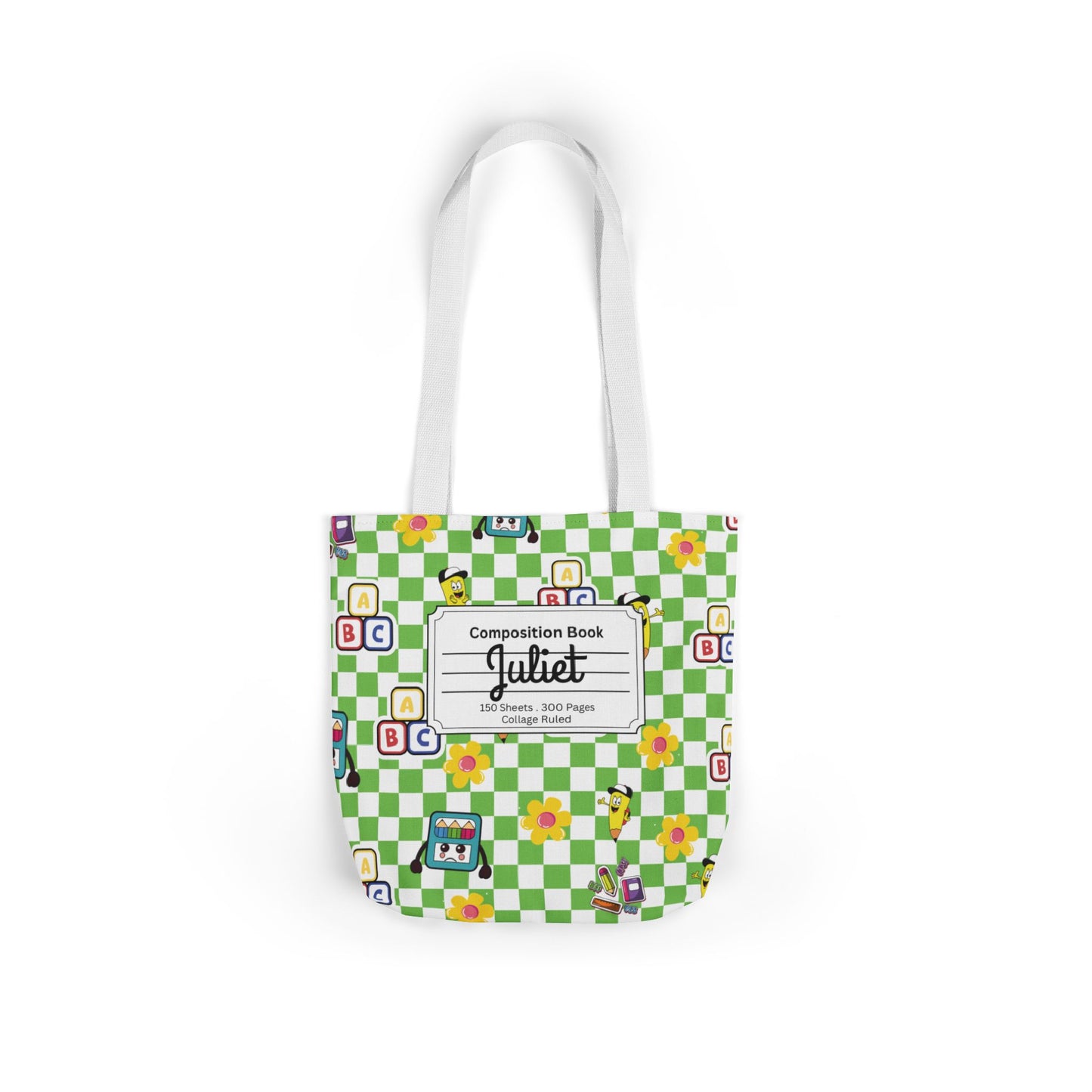Personalized Green Schoolyard Chic Composition Book Inspired Canvas Tote Bag with Colorful Straps, Cute School Bag, Eco-Friendly Tote, Back to School Shopping Bag, Teacher Gift Idea