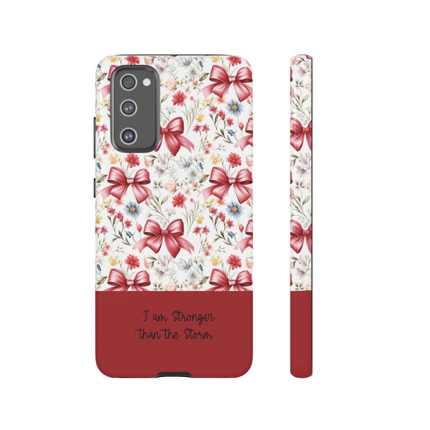 Personalized Rosette Coquette Phone Case - Custom Name/Message 'I Am Stronger Than The Storm' Floral Bow Protective Case