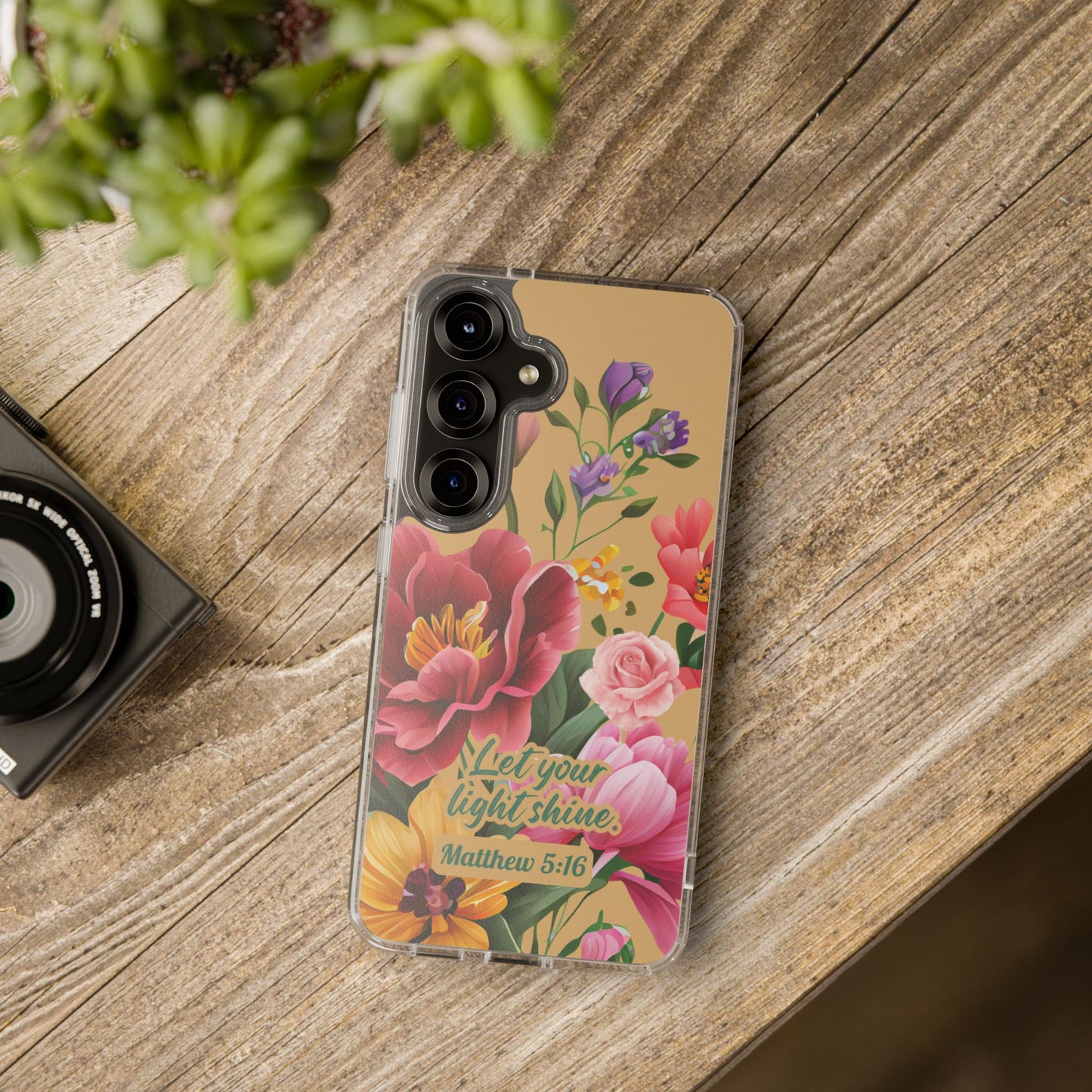 Clear Floral Bible Verse Phone Case — "Let Your Light Shine" (Matthew 5:16) for iPhone and Samsung Cases.