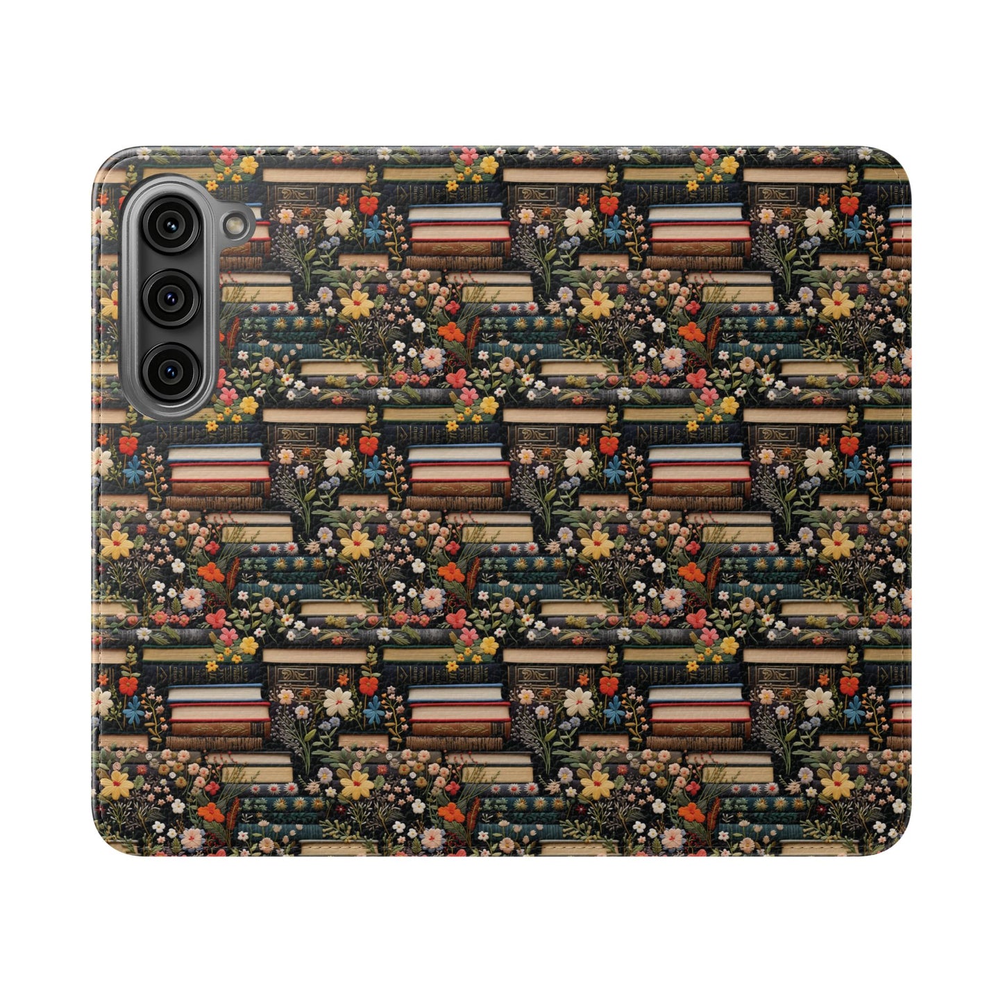 Book Stack Floral Flip iPhone and Samsung Phone Case — Vintage Library Wallet Cover.