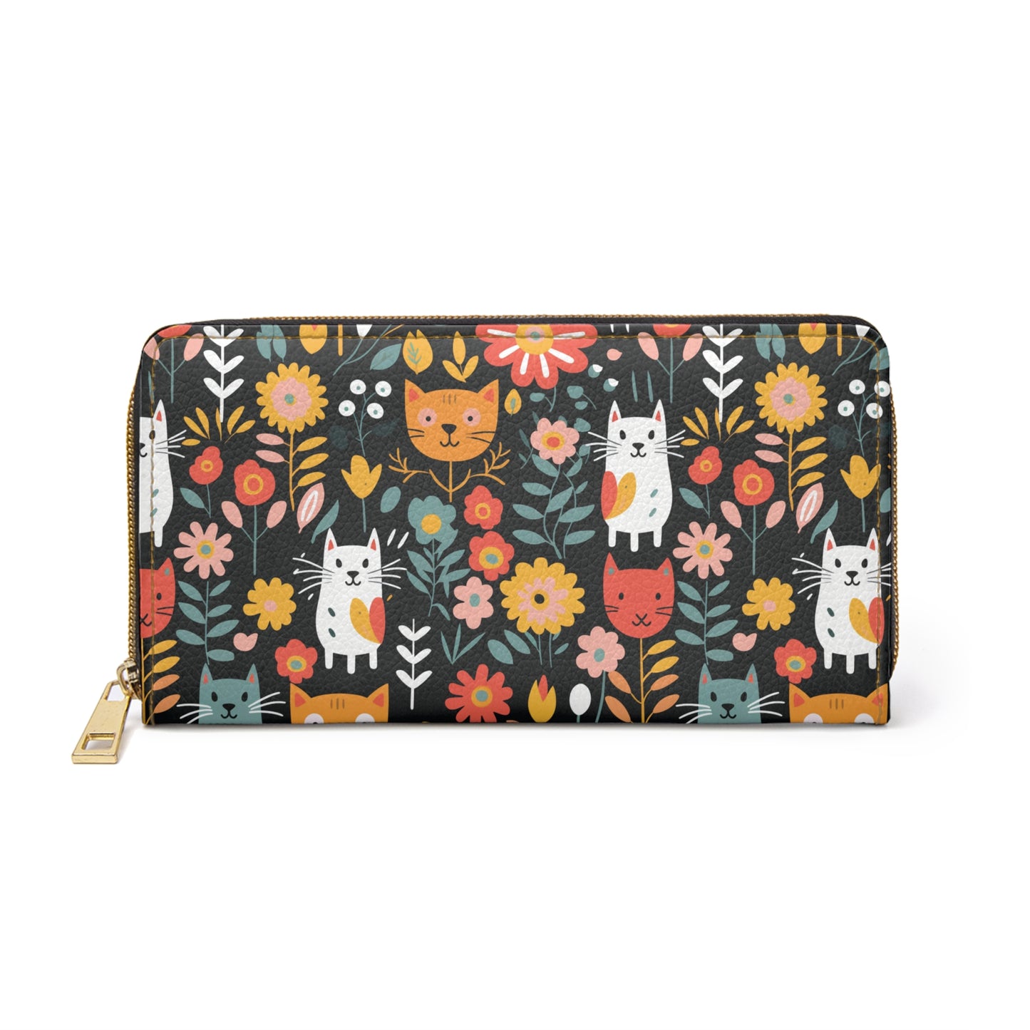 Whimsical Feline Garden Zipper Wallet, Cat Lover Gift, Adorable Wallet Accessory, Wallet for Women, Floral Print Purse