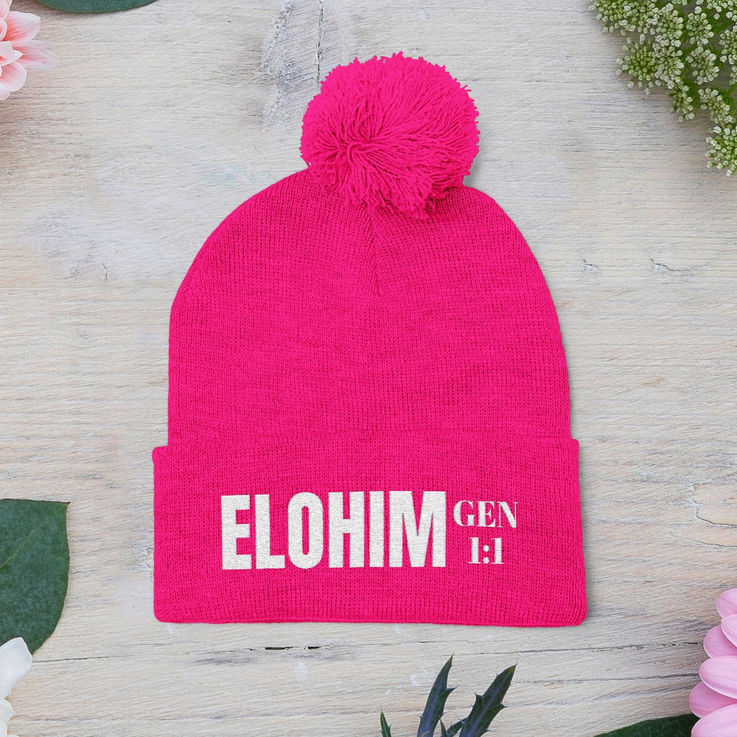 Pom-Pom Knit Cap with 'ELOHIM, GENESIS 1:1'  Embroidery Beanie - Stylish Winter Accessory for All Ages, Perfect Gift for Birthdays, Holidays, and Outdoor Activities