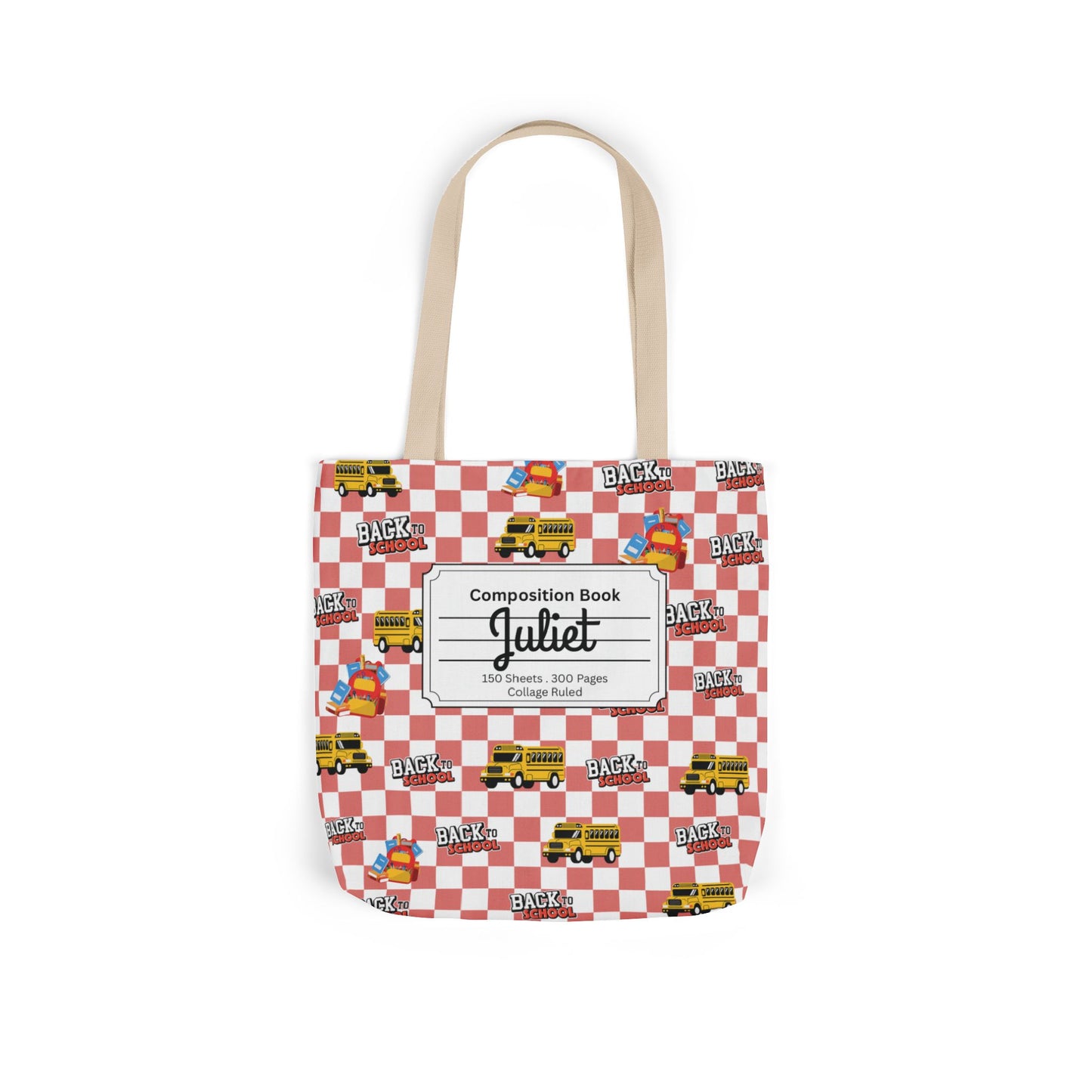 Personalized Red Schoolyard Chic Composition Book Inspired Canvas Tote Bag with Colorful Straps, Cute School Bag, Eco-Friendly Tote, Back to School Shopping Bag, Teacher Gift Idea