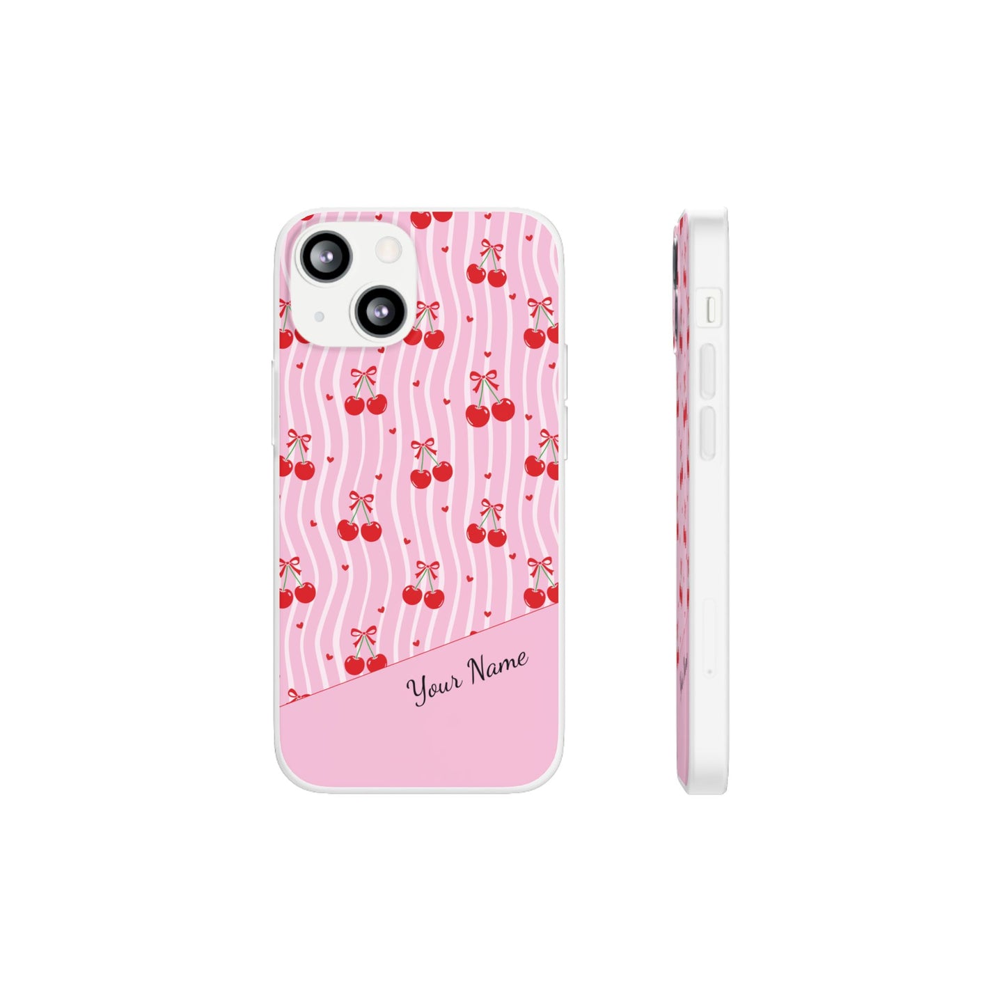 Personalized Cherry Blossom Dreams Flexi Case — Pink Retro Cherry iPhone® 7/8, 11, 12, 13, 14, 15, 16, 17, X/XS, SE, XR, Mini, Pro, Pro Max, Plus Cases.
