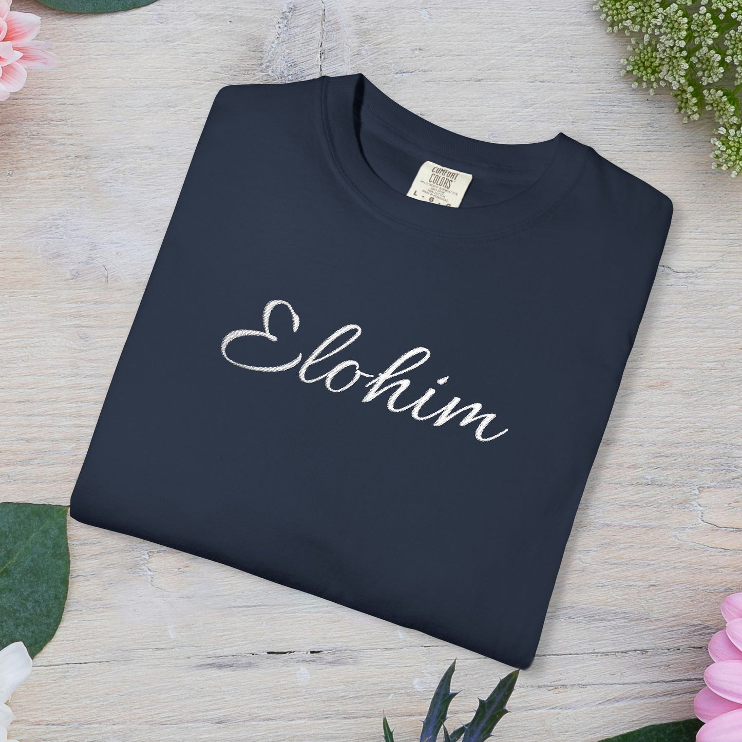 Embroidery 'ELOHIM, GENESIS 1:1' - Faith-Based Unisex Garment-Dyed Comfort Colors T-shirt, Faith Gift Tee, Religious Tee, Embroidery Tee.