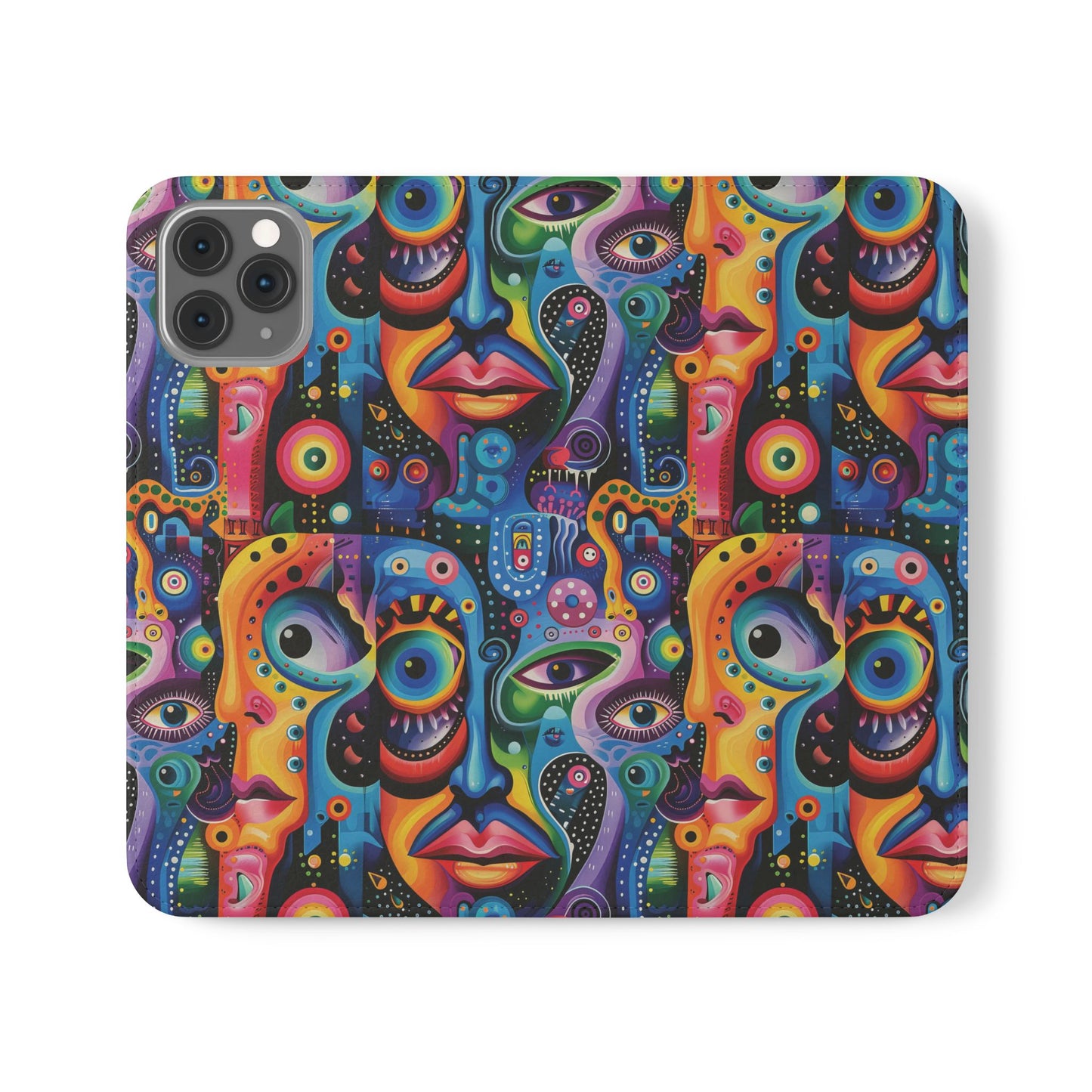 Psychedelic Visions Vibrant Art Flip iPhone and Samsung Phone Case - Colorful Faces Design for Phone Protection