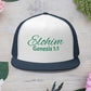 Green 'ELOHIM, GENESIS 1:1'  Embroidered 5 Panel Trucker Cap | Casual Style Hat, Adjustable, Unisex, Perfect Gift for Outdoors, Festivals, Daily Wear