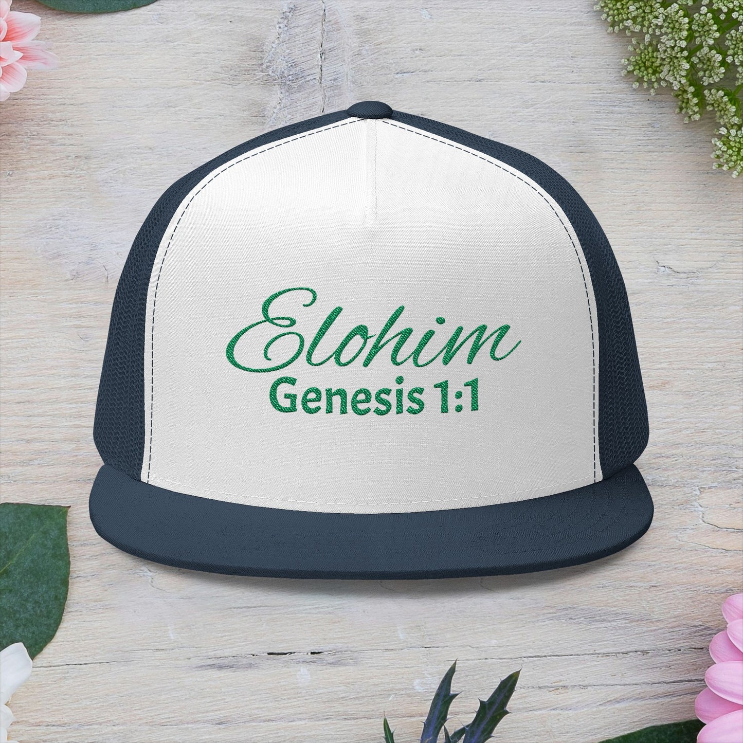 Green 'ELOHIM, GENESIS 1:1'  Embroidered 5 Panel Trucker Cap | Casual Style Hat, Adjustable, Unisex, Perfect Gift for Outdoors, Festivals, Daily Wear