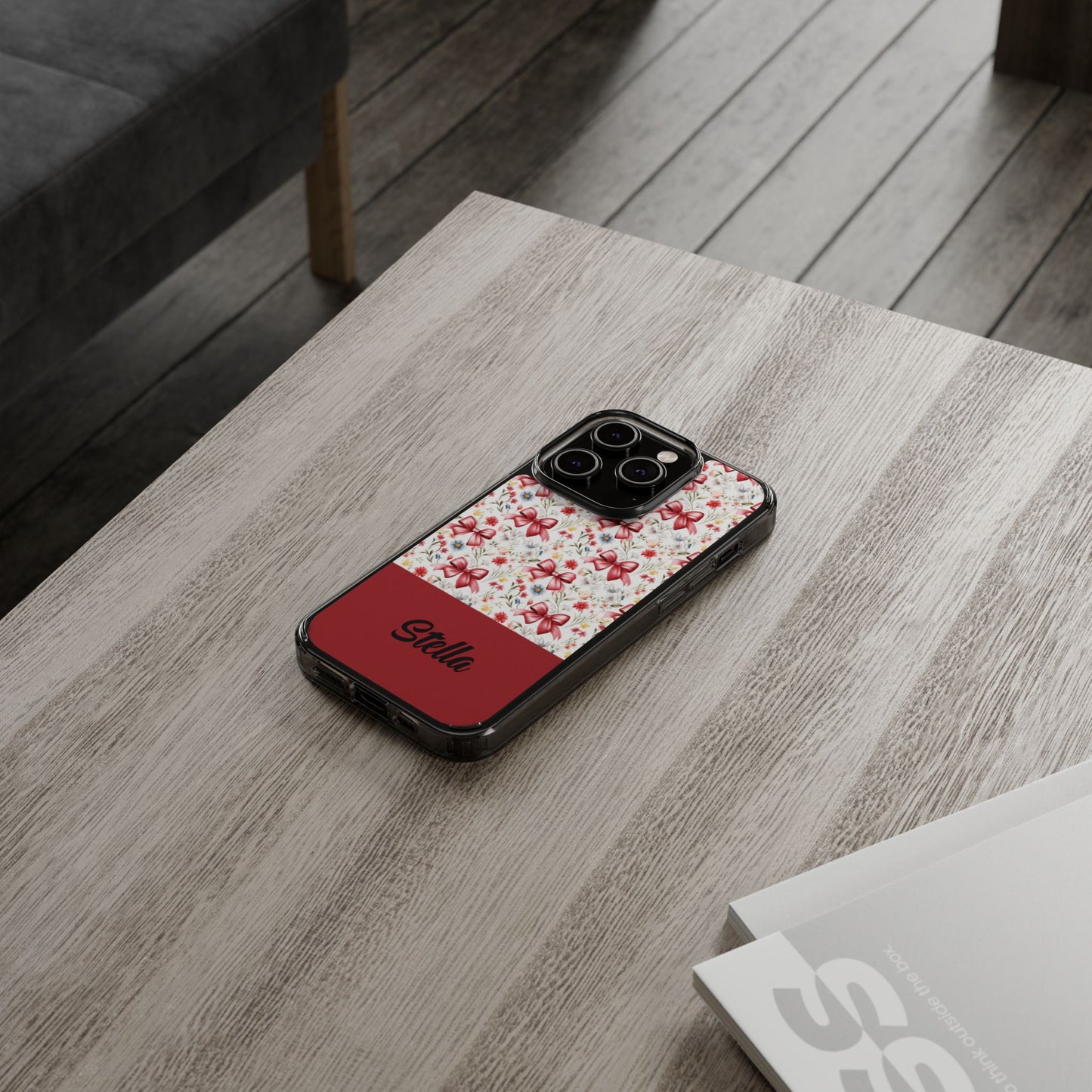 Personalized Rosette Coquette Floral Bow Clear iPhone, Samsung Cases — Custom Name Phone Cover