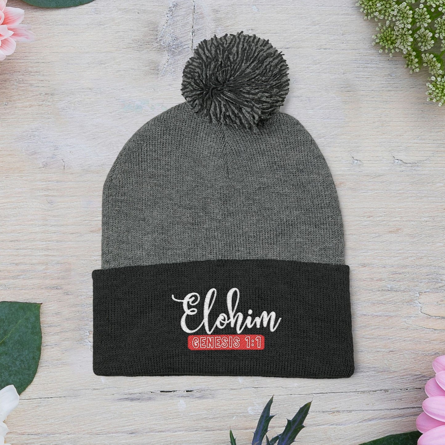 Pom-Pom Knit Cap with 'ELOHIM, GENESIS 1:1'  Embroidery Beanie - Stylish Winter Accessory for All Ages, Perfect Gift for Birthdays, Holidays, and Outdoor Activities