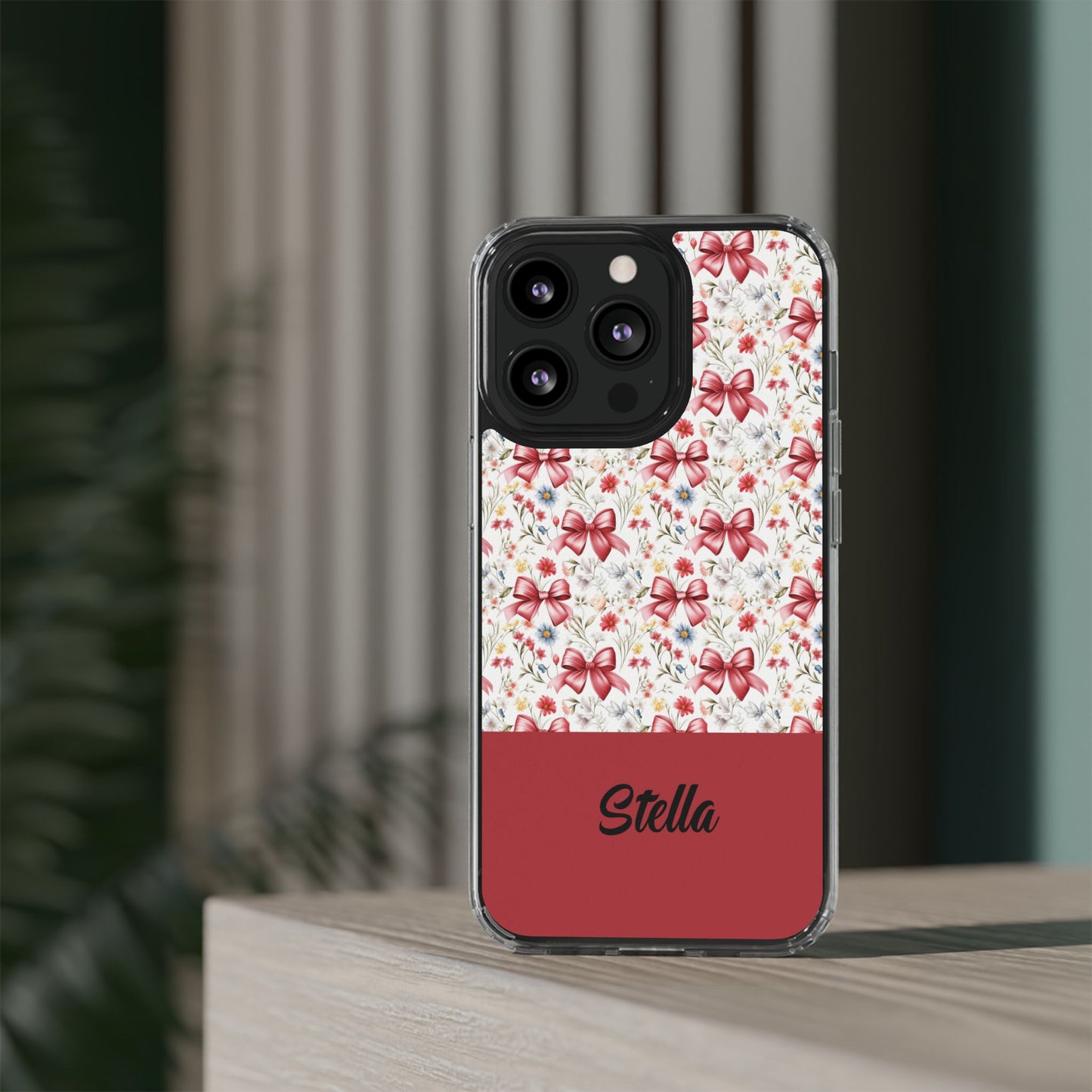 Personalized Rosette Coquette Floral Bow Clear iPhone, Samsung Cases — Custom Name Phone Cover